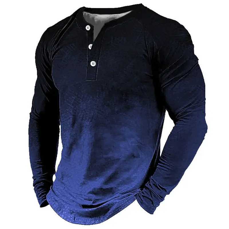 New Gradient 3D Printing Mens Henley Shirts Fashion Vintage Streetwear Oversized Button Long Sleeve T Shirt Tops Man ClothingXJ251023