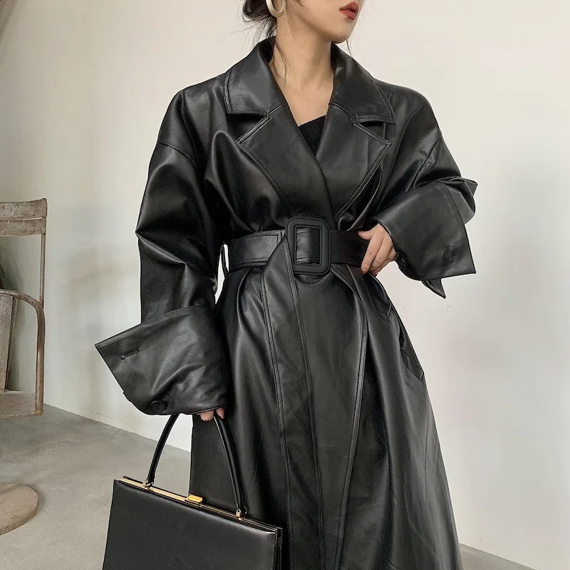 Lautaro Long oversized leather trench coat for women long sleeve lapel loose fit Fall Stylish black clothing streetwear 251017