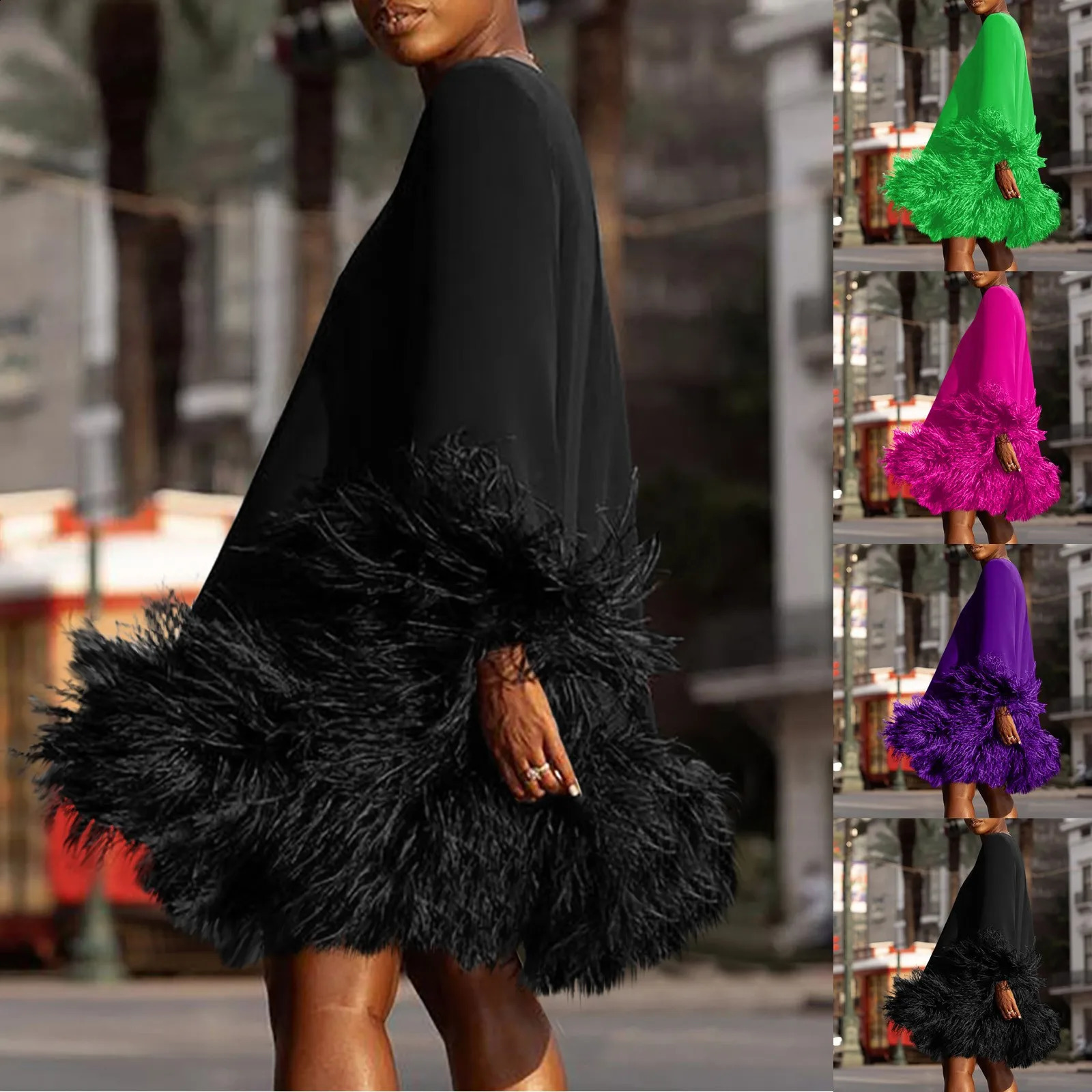 Feather Fur Patchwork Mini Dress Elegant Party Long Sleeve Autumn Winter Women Sexy Personality Y2k Solid Vestidos 251022