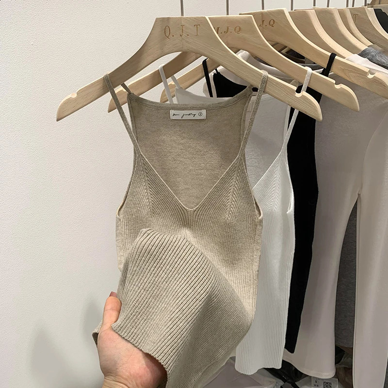 2025 Women Summer Style Sleeveless Vest Solid Color Slim Fit V Neck Knitted Top Fashionable Versatile Base Layer Knit Tank Tops 251023