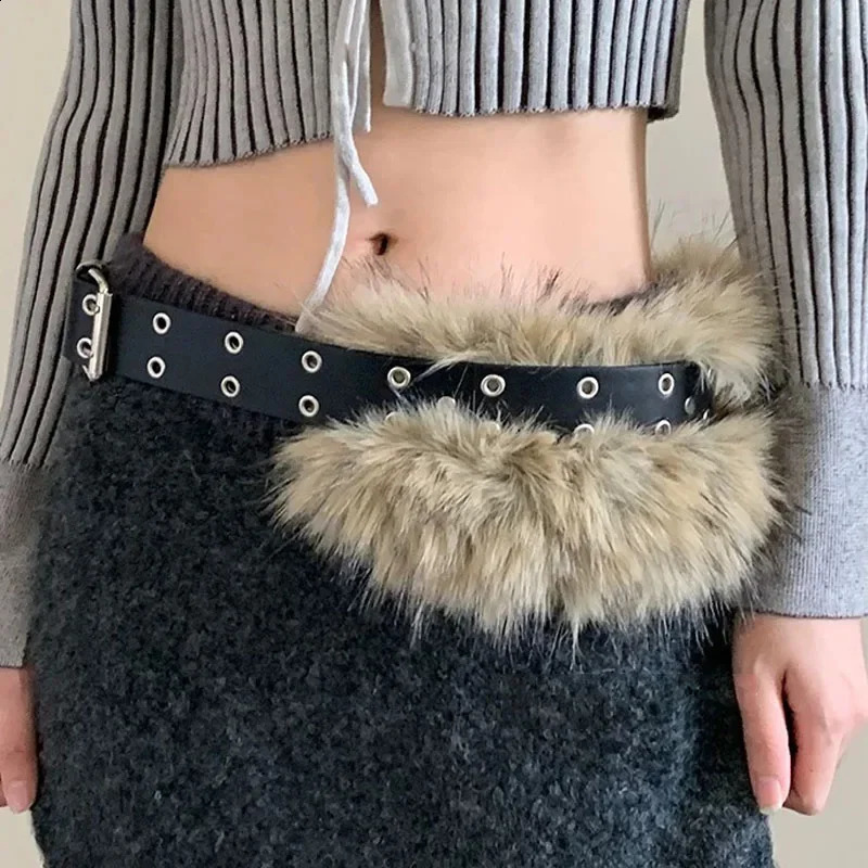 Punk Faux Fur Belts Y2K Vintage PU Studded Patchwork Belt Cowgirl Metal Plush Waist Chain Fashion Furry Waistband Jeans Belts 251013