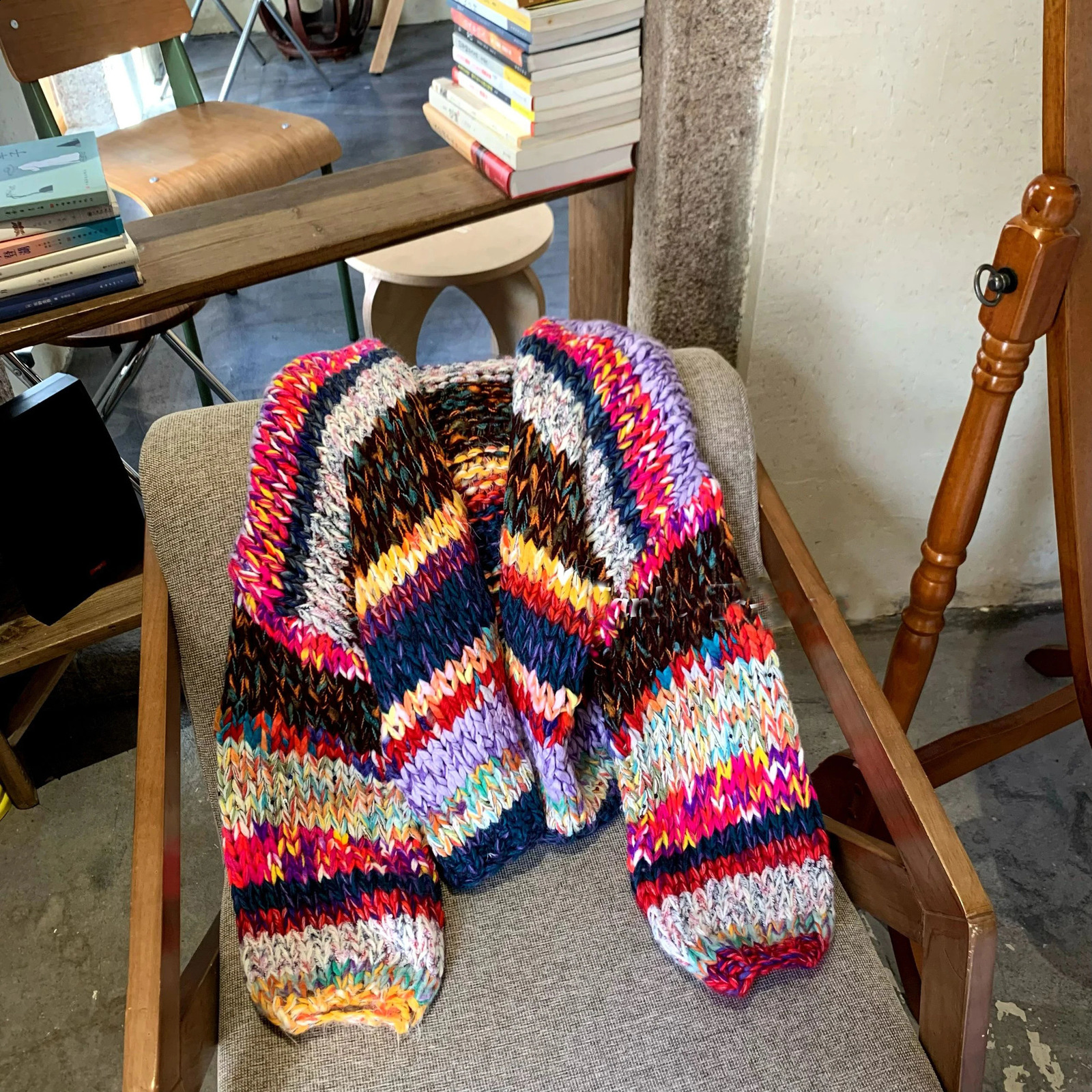 Multicolor Handmade Chunky Knit Cardigan Colorful Oversized Sweater Outfit Boho Chic Cottagecore Knitwear Dressing Fashion 251022