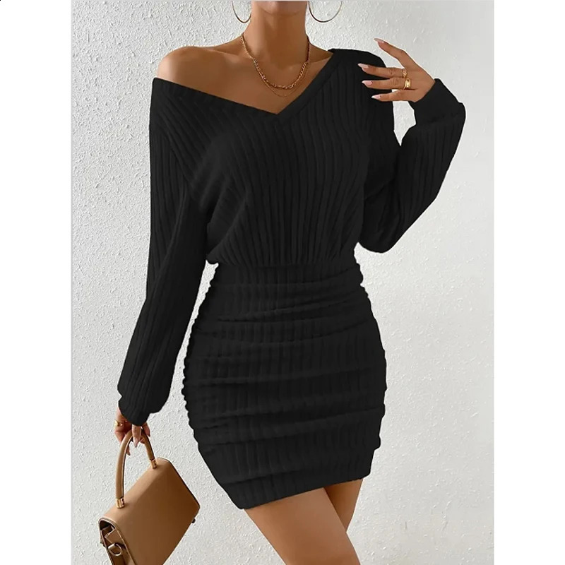 Womens Autumn Winter Knitted Sweater Mini Dress Female Casual Solid Wrap Vneck Long Sleeve Warm Bodycon Short Dresses Robe 251022