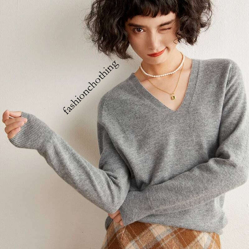 Autumn And Winter New Sweater 100% Pure Cashmere V-neck Knitted Pullover Long Sleeved Hot Selling Women's Top