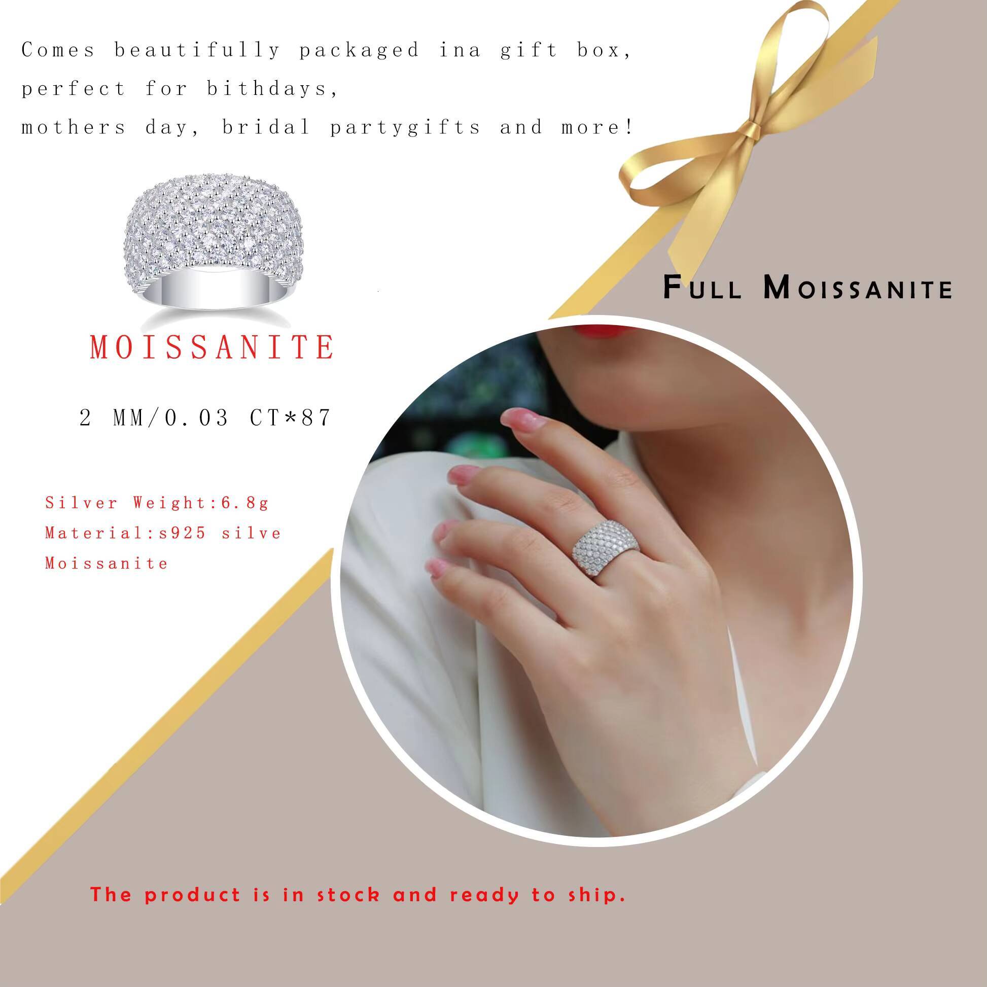 261CTW Luxury Silver Color Moissanite Full Pave Wide Band Ring Statement Jewelry for Parties and Weddings