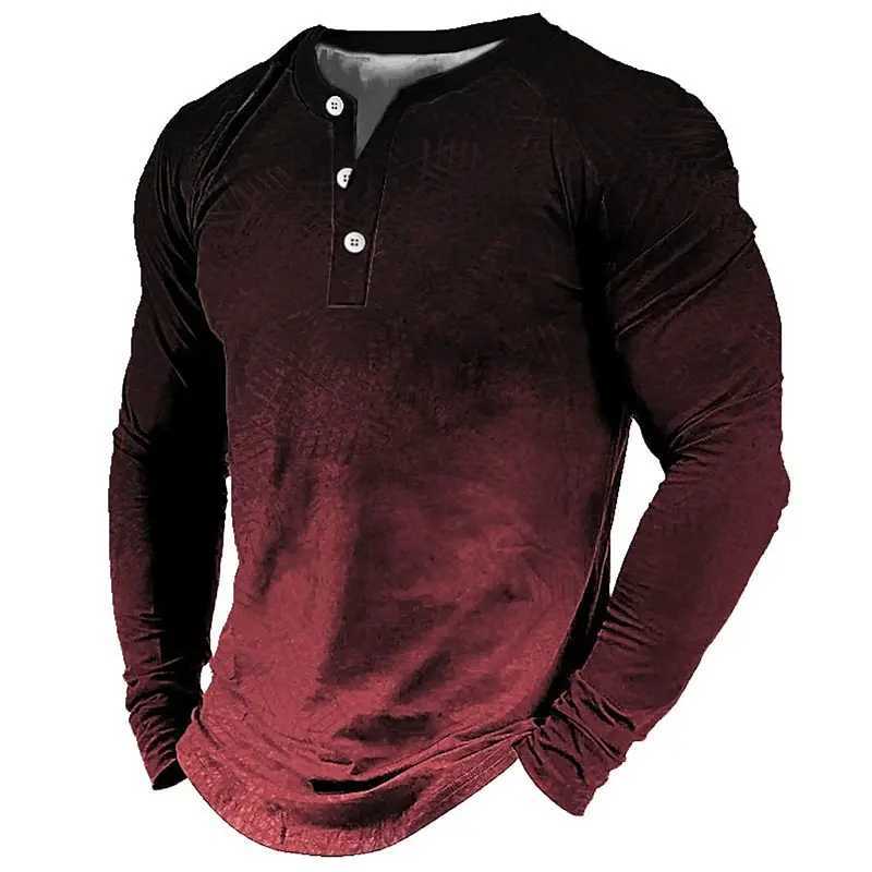 New Gradient 3D Printing Mens Henley Shirts Fashion Vintage Streetwear Oversized Button Long Sleeve T Shirt Tops Man ClothingXJ251023