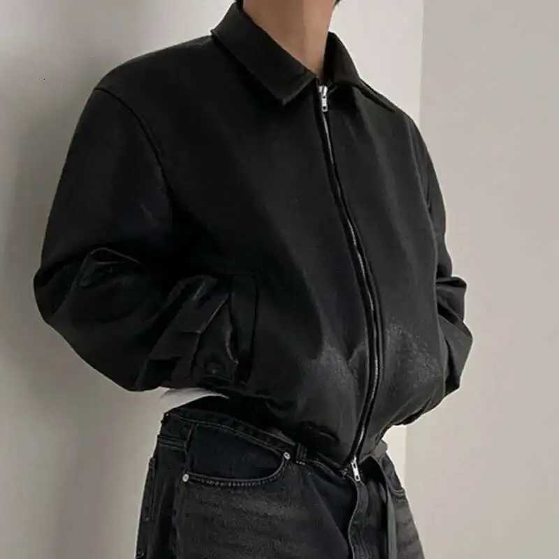 IEFB Short PU Leather Coat Mens Spring Summer Loose Turndown Collar Coat Korean Style Trend Male Jacket Casual Top 9C503 W251023