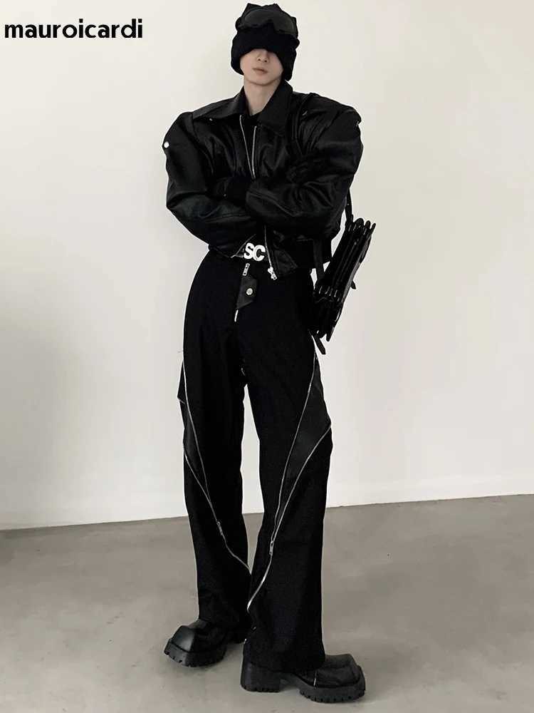 Mauroicardi Spring Autumn Cool Handsome Short Oversized Black Pu Leather Jacket Men with Shoulder Pads Long Sleeve Zipper 2023 W251023