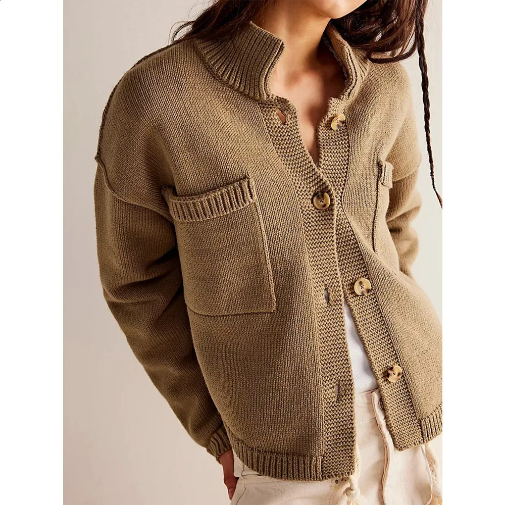 Women Cardigans Long Sleeve Button Up Knit Cardigan with Pockets Stand Collar Causal Fall Warm Sweater Solid Color Comfy Outwear 251022