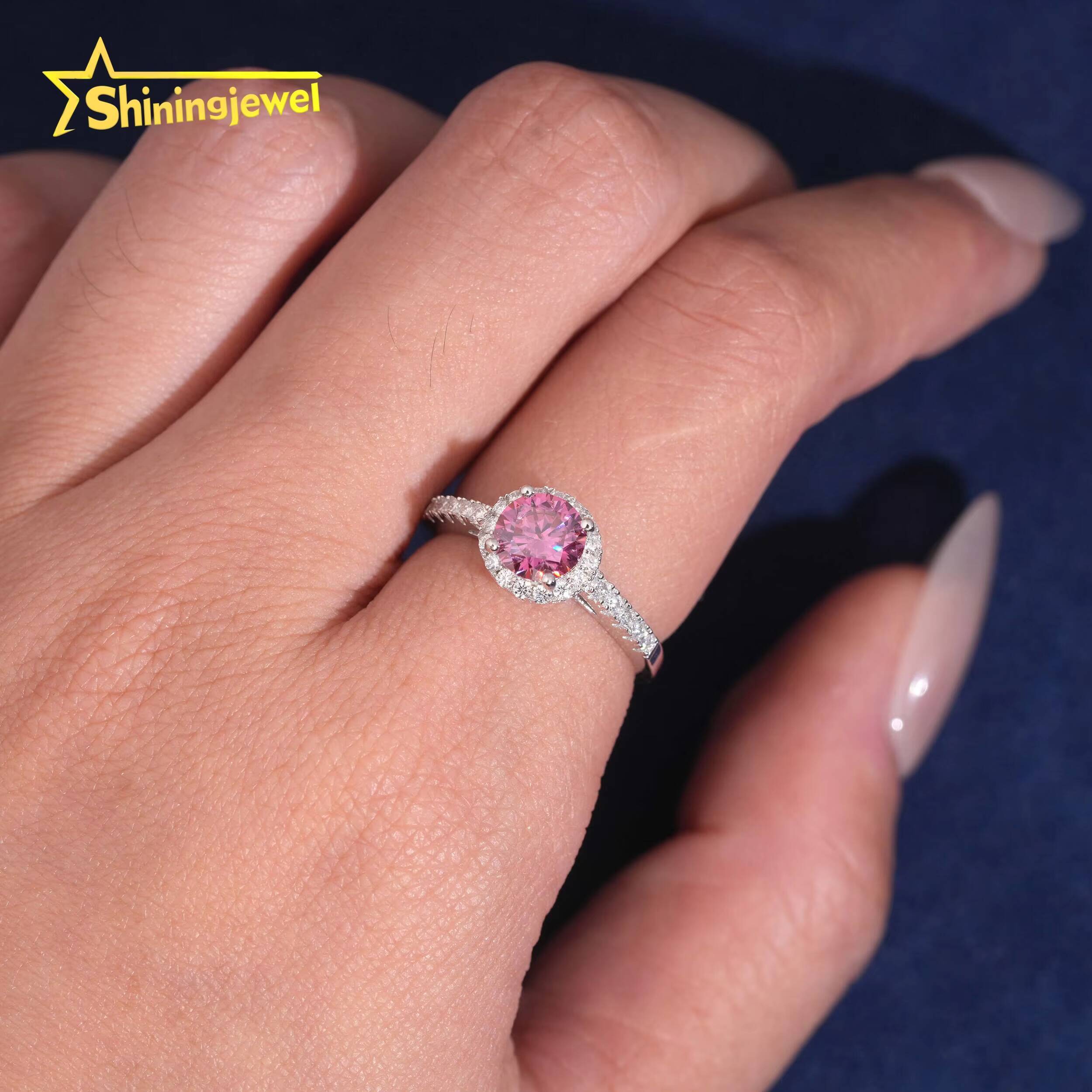 Pass Diamond Tester 1ct Pink Round Moissanite Diamond Ring Women 925 Sterling Silver Fashion Jewlery Rings for Wedding