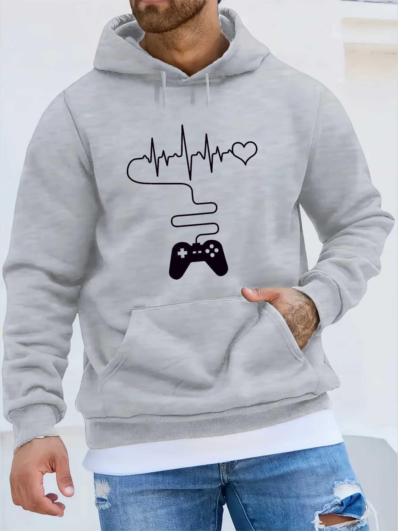Mens autumn and winter casual fashion loose gamepad print long sleeved hooded sweatshirt warm sports pulloverT251023