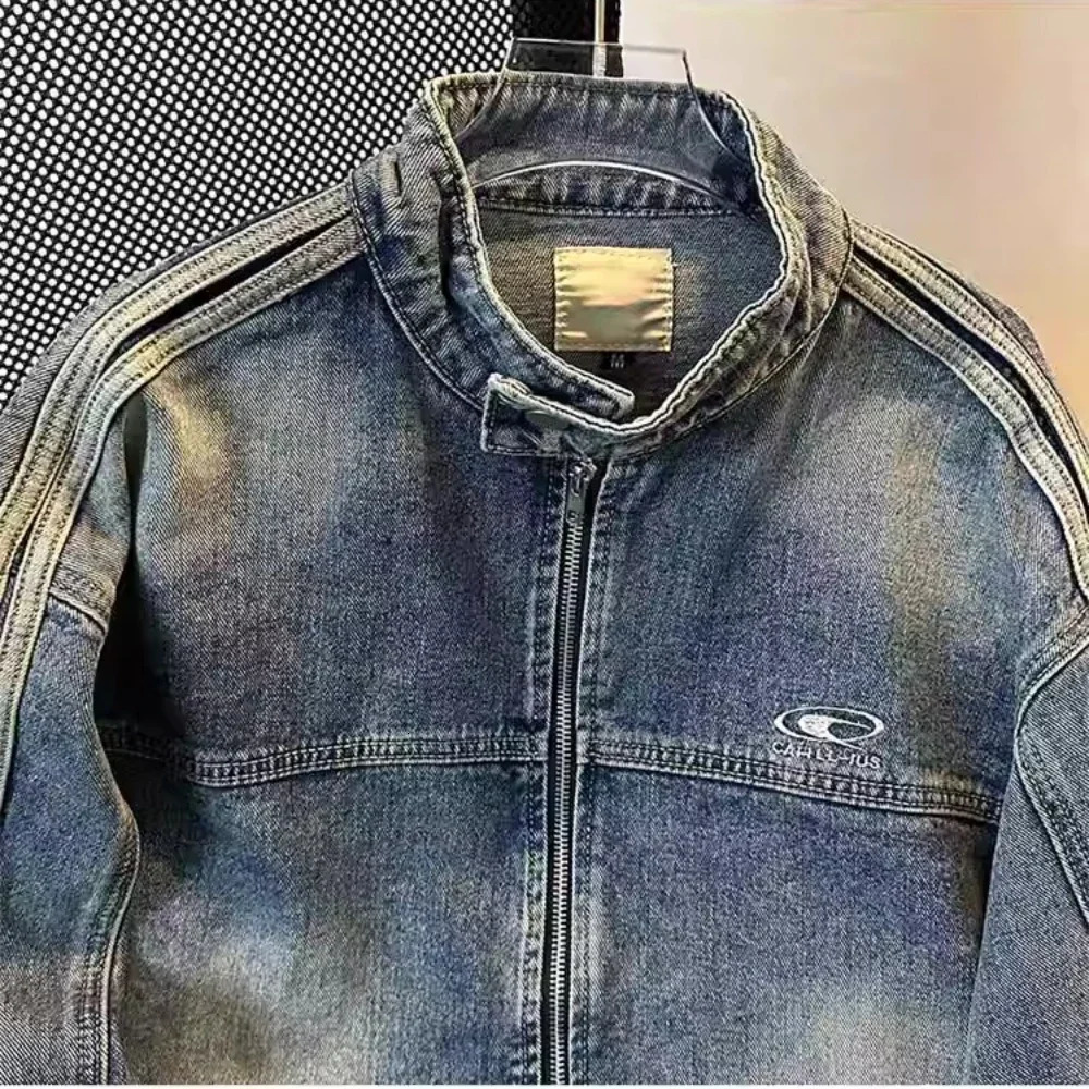 Vintage Distressed Denim Jacket Men Clean Fit Ribbed Stand Collar Long Sleeve Casual Oversized Street Edge Y2k Spring Fall Coat 251017