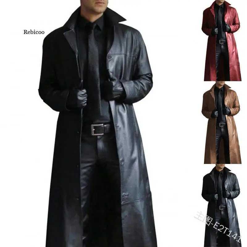 Fashion Men Medieval Steampunk Long Leather Jackets Vintage Autumn Winter Outerwear Faux Leather Trench Coat Cardigans W251023