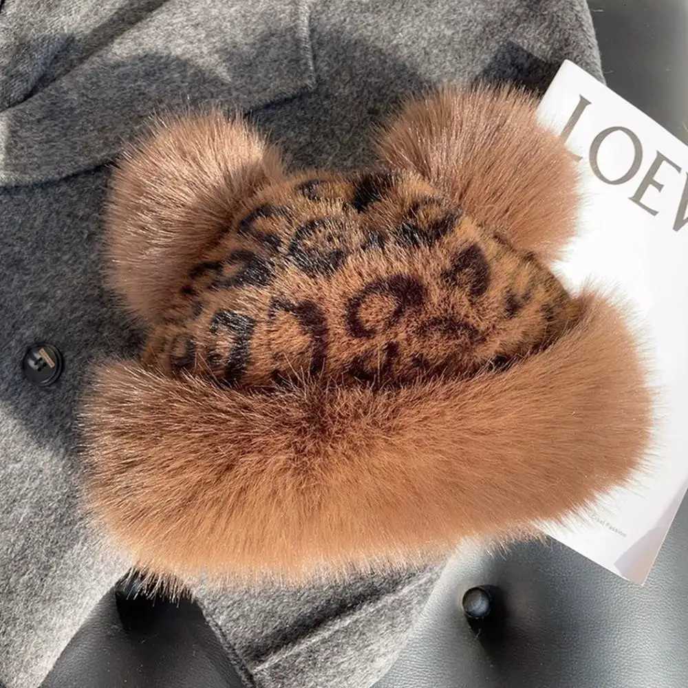 Retro Leopard Print Plush Cat Ears Beanie Women Thicken Warm Fur Hat Windproof Fluffy Fur Bucket Hat Cold Snowy Day Panama CapXJ251023
