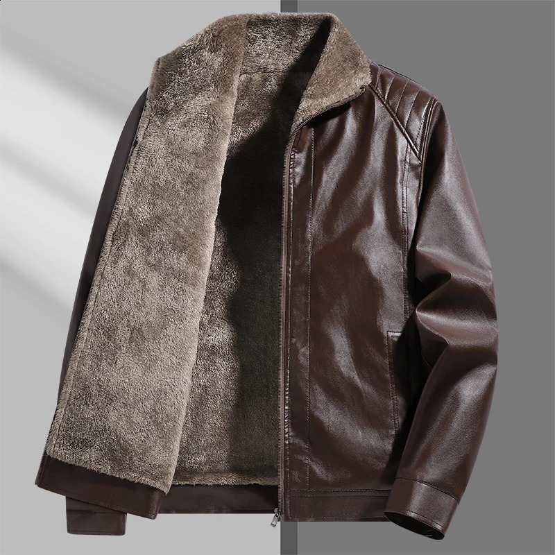Highquality lapel and fleece leather jacket for men thickened allinone fur dad coat 251023