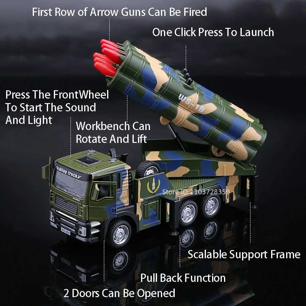 132 Alloy Missile Vehicle Model Toys Metal Diecast Rocket Launcher Cars Sound Light Pull Back Military Vehicles for Boys GiftsT251023