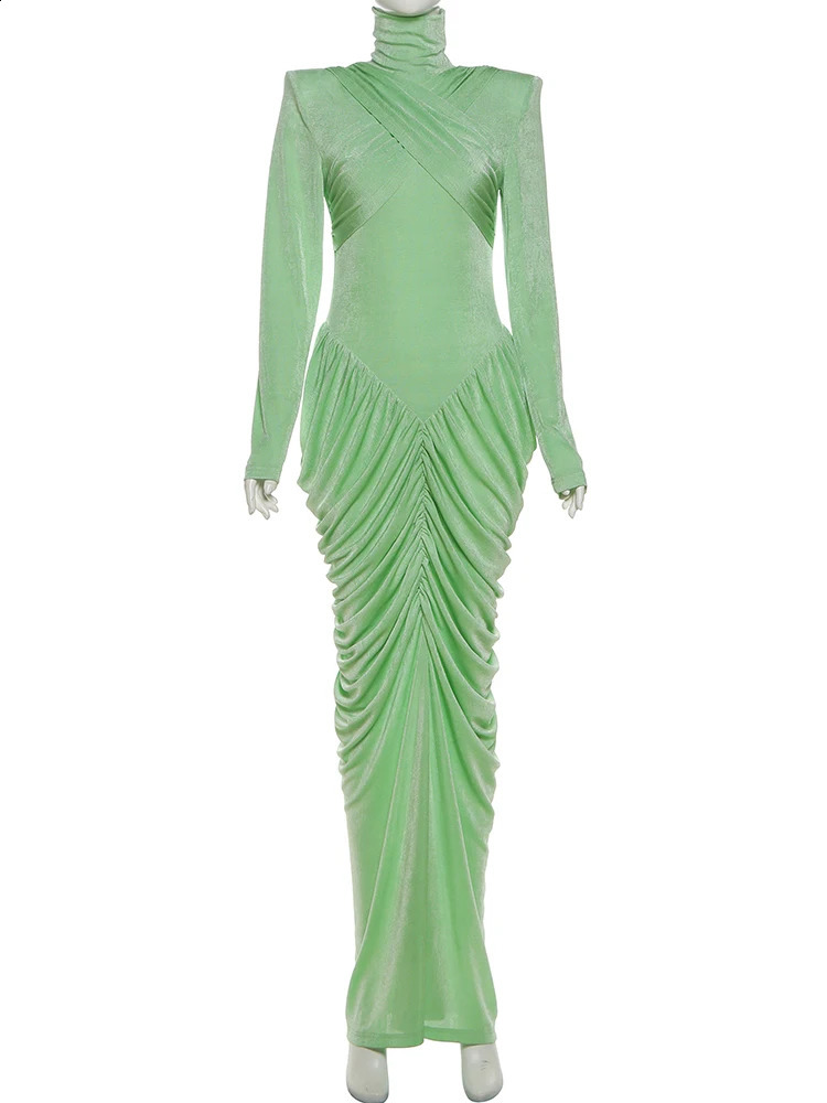 Weird Puss Autumn Style Maxi Dress Women Turtleneck Full Sleeve Backless Skinny Stretch Prom Party Ruched Elegant Vestidos 251022