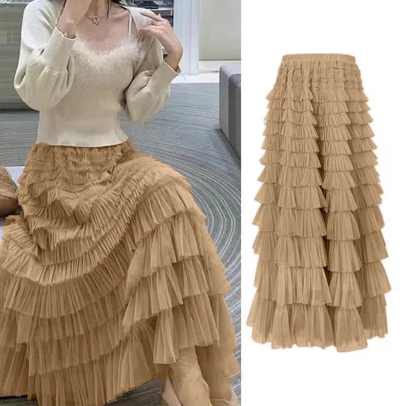Summer Spring Womens Multilayer Ruffles Tulle Skirt Pleated High Waist Fluffy Maxi Fairy Cake Dress Long Tutu Party 251022