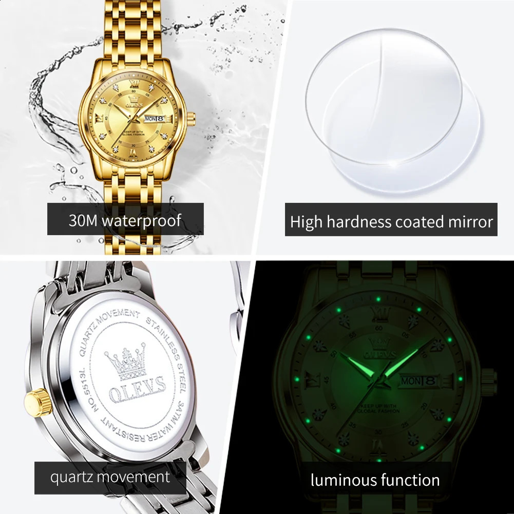 OLEVS Selling Fashion Stainless Steel Quartz Ladies Watch Dual Calendar Luminous Waterproof Elegant Watch for Women 251027