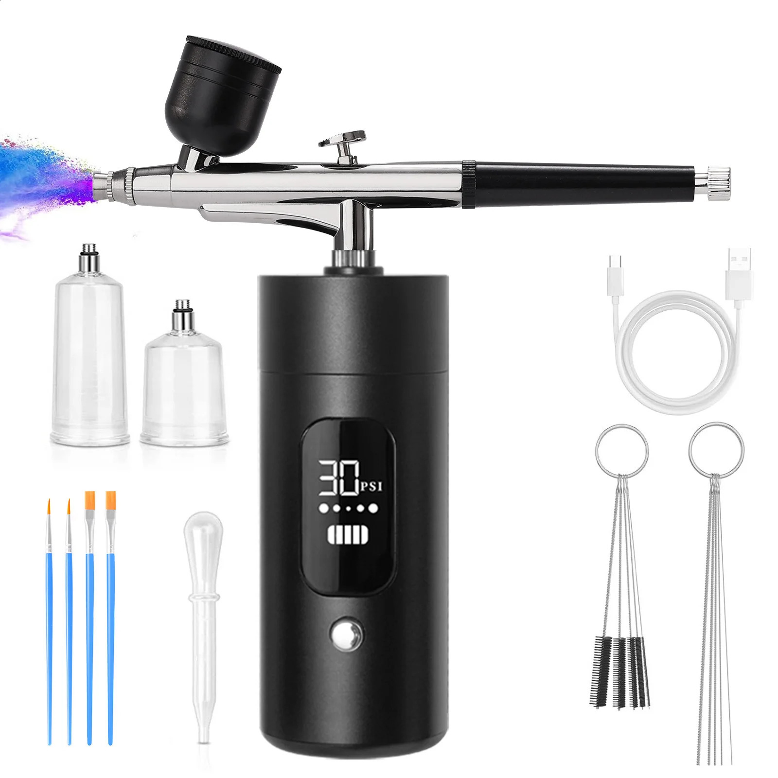 Professional Spray Gun Kit with Compressor Pink Portable Hand Gun USB Charging Adjustable 3 Pressures Digital Display for P 251015