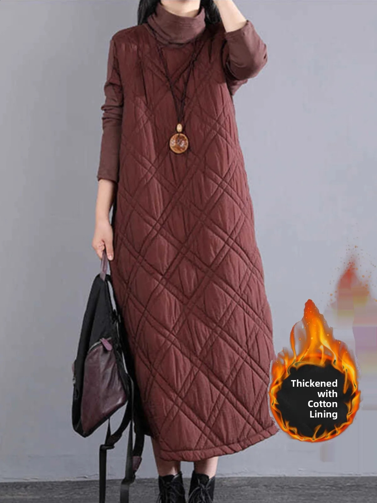 Retro High Collar Cotton Blend Long Dr Womens Loose Fit Thiened Autumn Winter Casual Sle ALine Skirt 251022