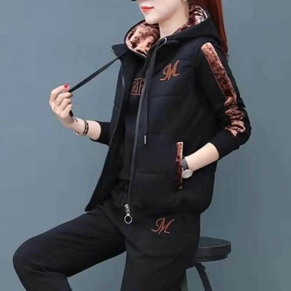Three Piece Set Women Sweatshirt Set 2024 Autumn Winter Casual Sweat Suit Fashion Plush Thickened Hooded TopsWaistcoat Pants SetT251022