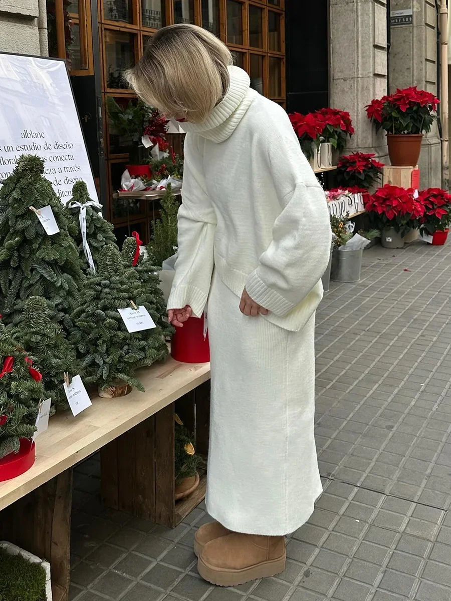 Wolfeel Womens Knitted Turtleneck Sweater Skirt 2 Piece Set Autumn Winter Loose Solid Color Knit Outfit Casual Warm Suit 251022