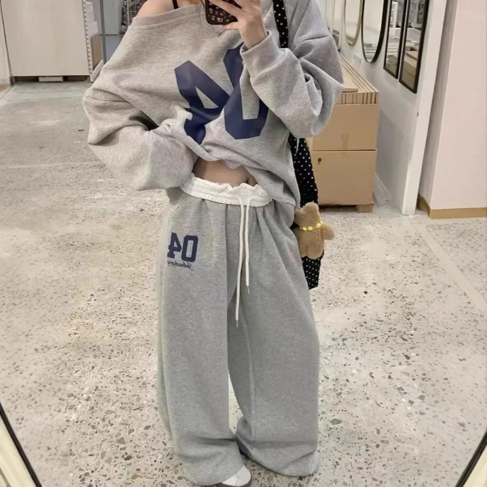 American Letter Sweatshirt Sports Set Womens Loose Wide Leg Pants Casual TwoPiece Fashionable Autumn Korean Style 251016