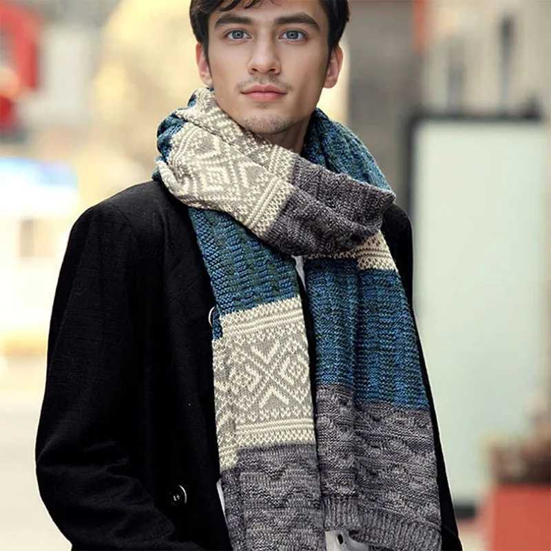 Winter Mens Scarf Checkered Scarf Casual Knit Keep Warm Neckerchief Patchwork Wool Cashmere Scarf AC086 J251113