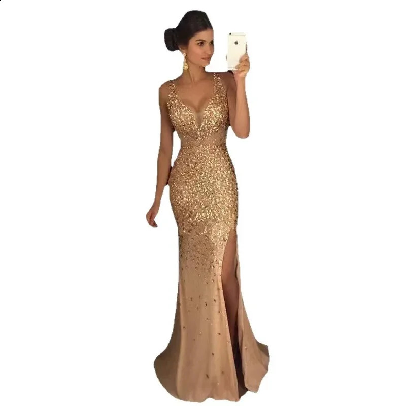 Autumn Winter Long Evening Gown Gold Embossed Dress Cross Slit V Neck Empire Waist Regular Type Womens 251022