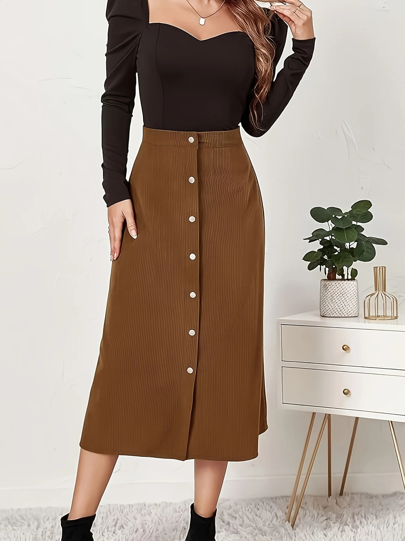 Dark brown Elegant woven half skirt for women plus size high waist Aline casual business womens 251022