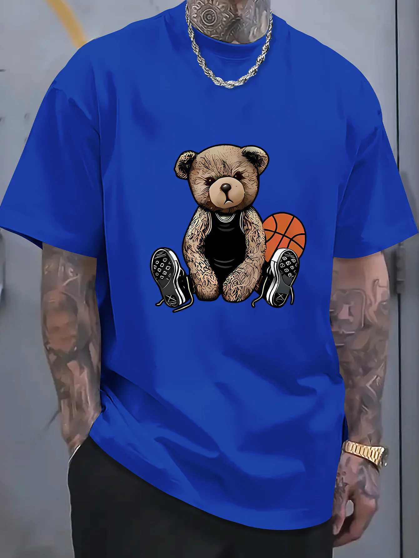 Mens Summer Fashion Fun Basketball Bear Print Comfortable Breathable Round Neck Tshirt Outdoor Casual TopXJ251023