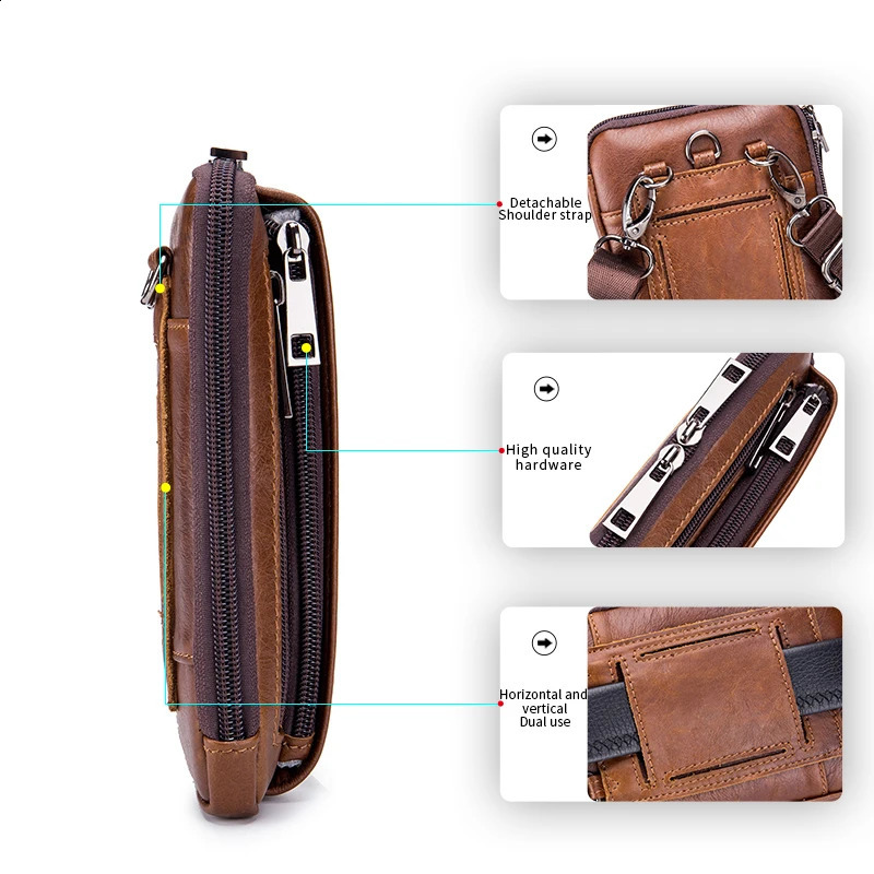 Genuine leather mens waist bag cowhide multifunctional phone bag can be worn with a belt hook251023