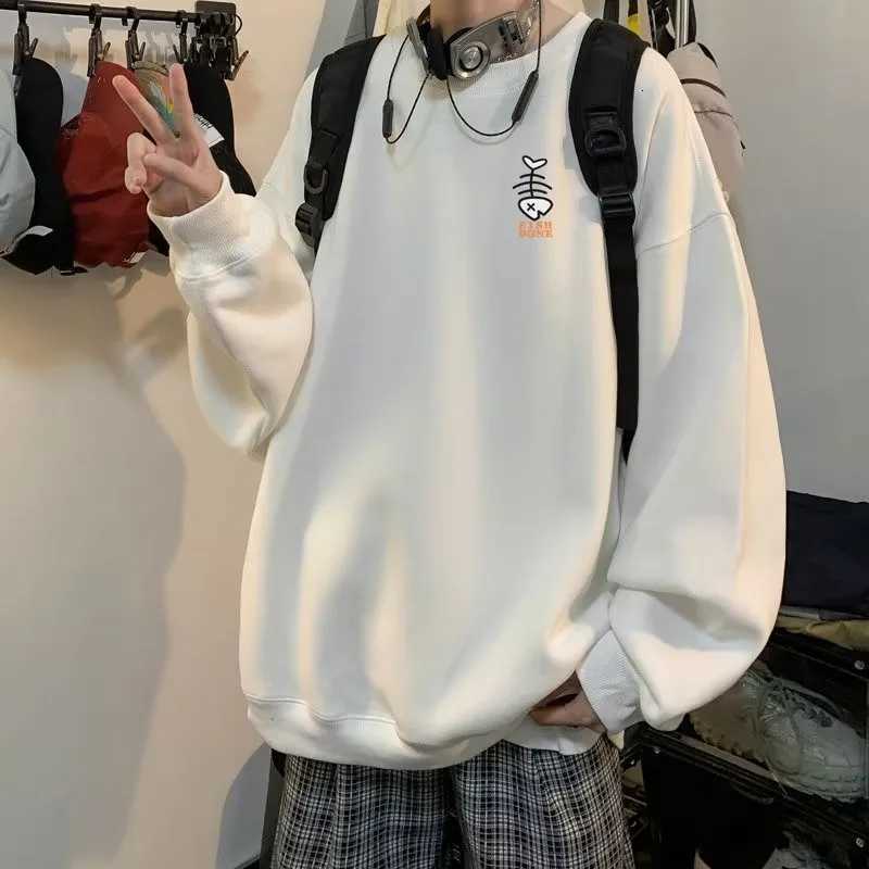 M8XL Autumn Men Oversized Sweatshirts Fashion Loose Simple Graffiti Fishbones Print Long Sleeve Plus Velvet Couple ClothesT251023