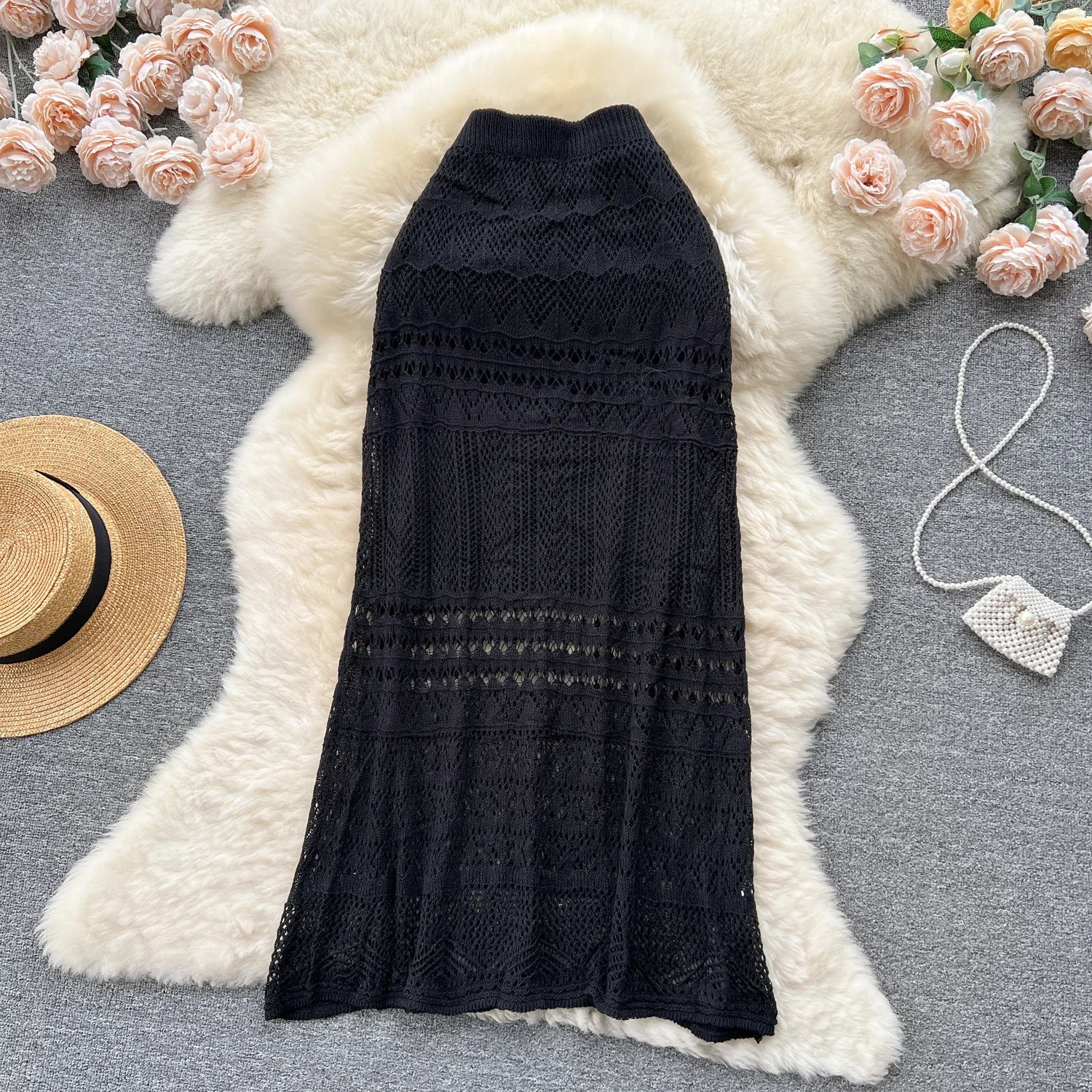 Crochet Knit Midi Skirt Semi Sheer Straight Fit Cutout Skirts Women Spring Summer Female Vacation Boho Beach Resort Wear 251020