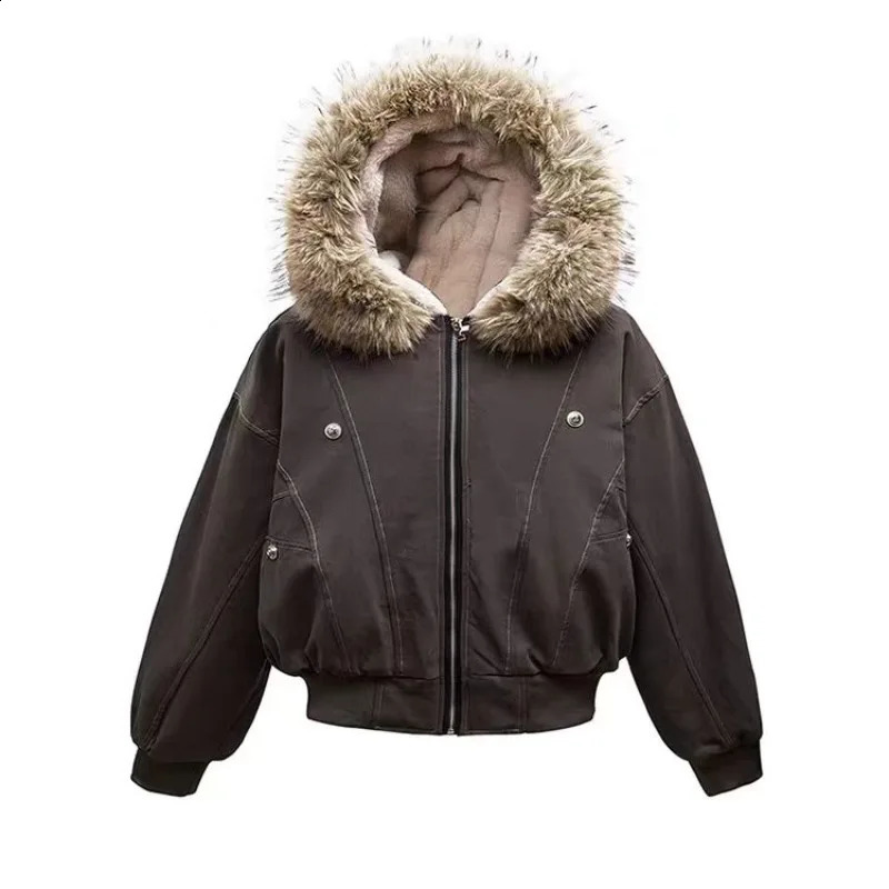 Winter American Retro Parka Coat down Cotton Faux Rabbit Fur Large Collar Hooded Versatile Womens Jacket 251022