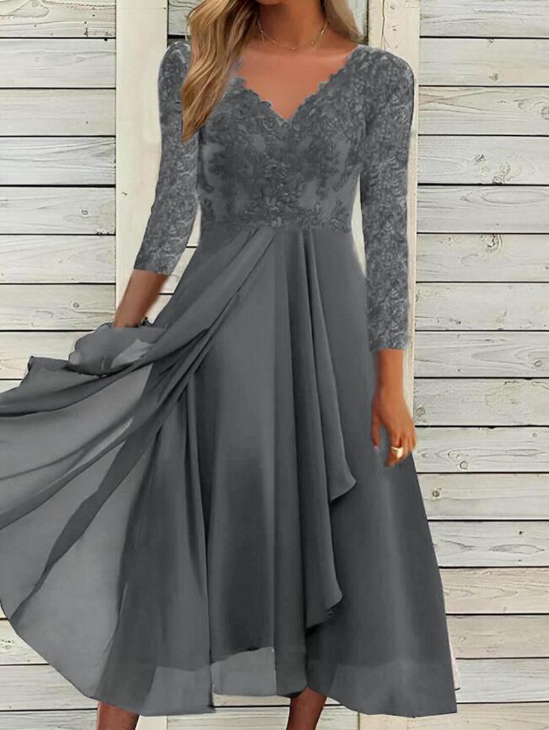 European and American autumn and winter new long sleeved chiffon dress patch V-neck lace hollow bridesmaid evening dress designer evening dress