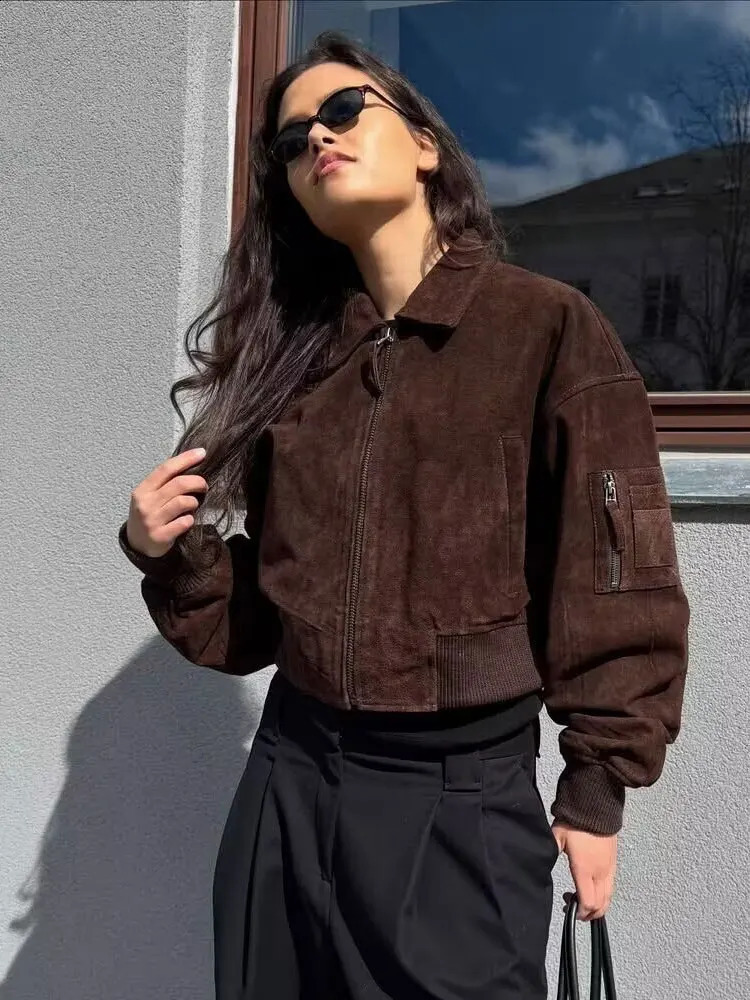 HH Female High Street Suede Bomber Jacket 2025 Autumn Long Sleeve Zipper Vintage Solid Lapel With Pockets Trendy Coats 251018