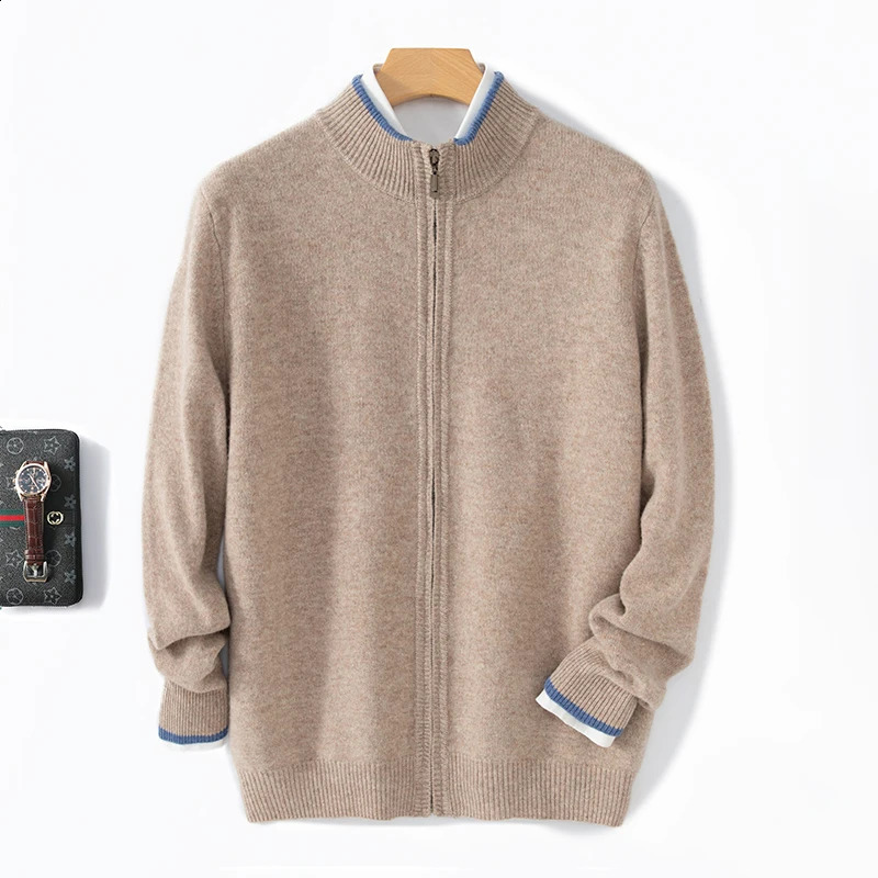 Mens 100 Merino Wool Warm Sweater Mock Collar Thickened Zippered Cardigan Autumn Winter Cashmere Knitted Montage Tops 251023