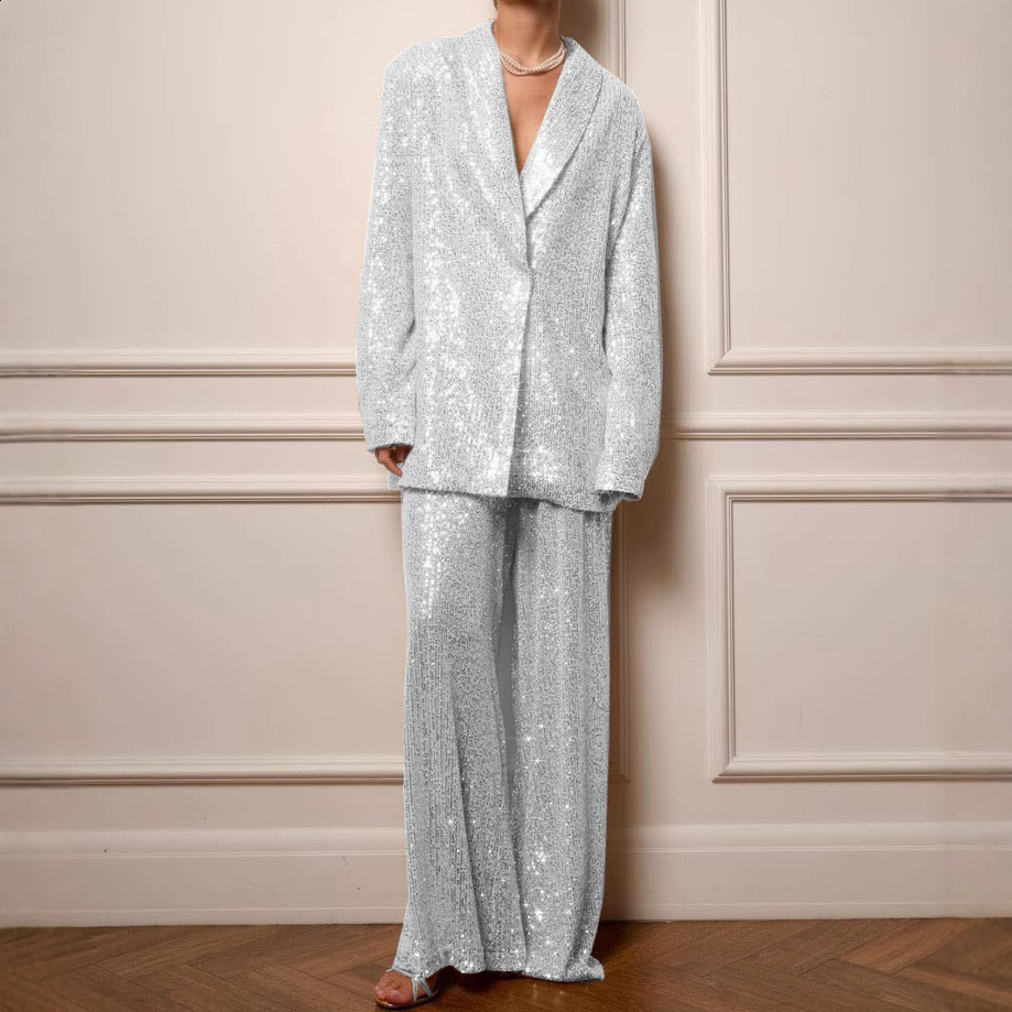 Plus size white formal V-neck stud flange leg set jacket two-piece pants set matching set 241127