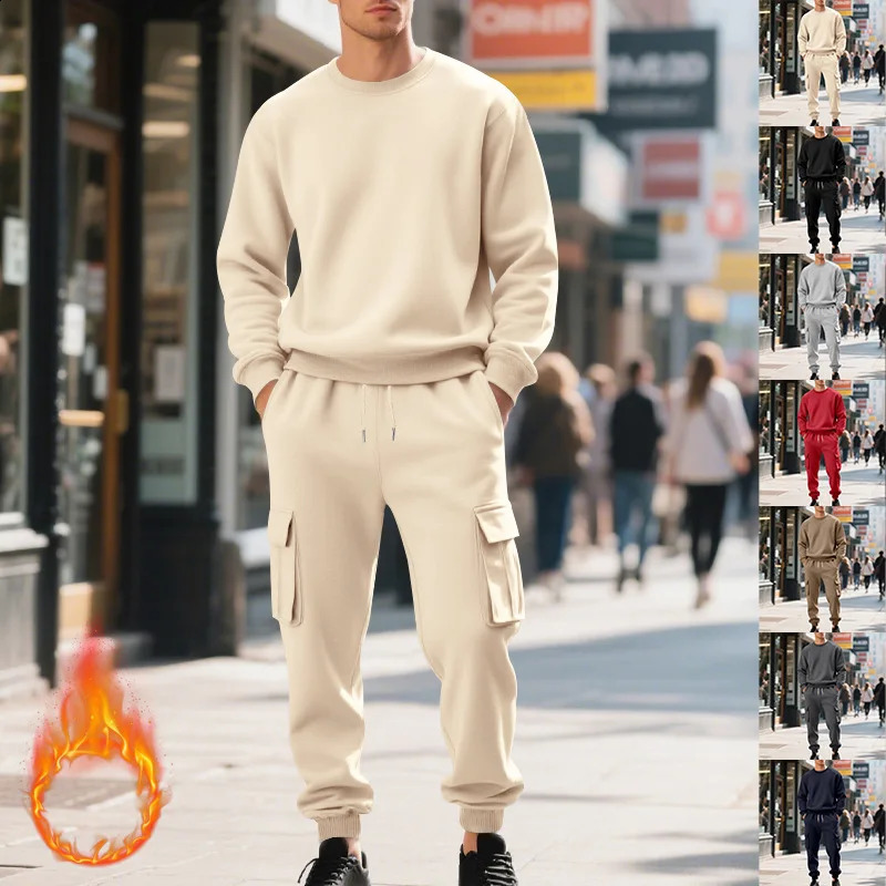 Mens Fleece RoundNeck Sweatshirt Set Loose Casual LongSleeved TwoPiece Autumn Winter Comfortable Cargo Pants 251023