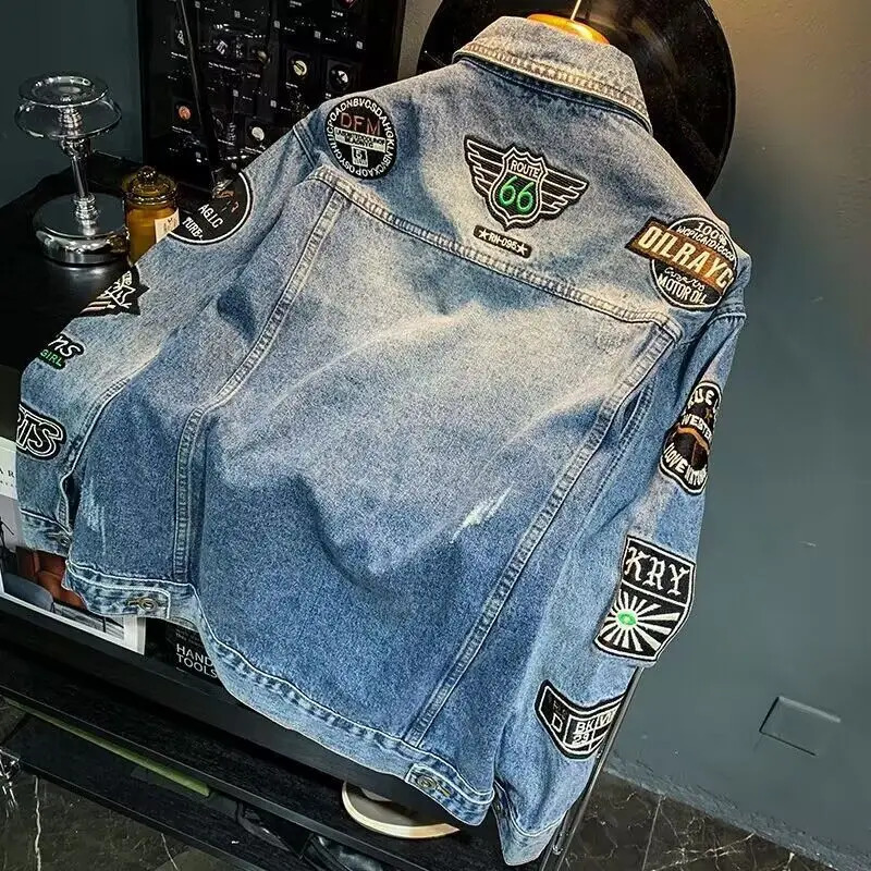 Mens Casual Embroidery Denim Jacket Oversized Plus Size Spring Autumn Coat Youth Fashion Hong Kong Style Workwear Top 251017