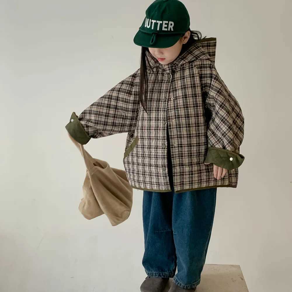 Childrens jacket 2025 winter baby girl Korean version plaid hooded padded cottonpadded clothes Childrens casual versatile thi Y251023