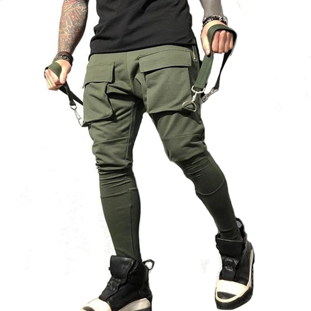 Men Running Stretch Tights Sweatpants Sports Absorbing Breathable Fitness Casual Cotton Multi Pocket Pants Slim Leggings 251023
