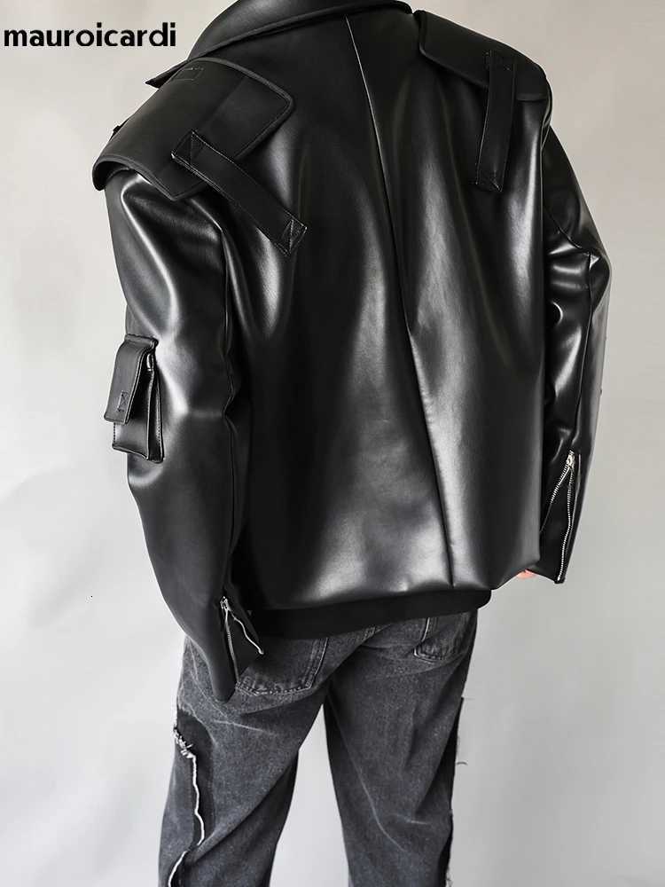 Mauroicardi Spring Autumn Cool Oversized Short Black Soft Faux Leather Jacket Men Zipper Luxury Designer Clothes Runway Fashion W251023