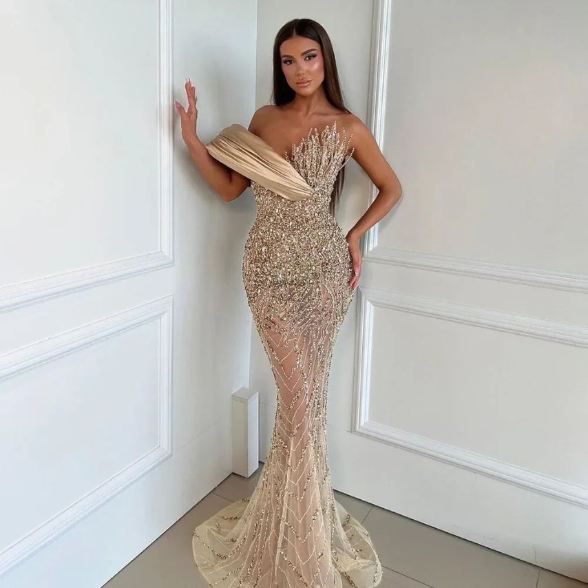 2025 Beading Cream Champagne Mermaid Prom Dress Beaded Off Shoulder Evening Formal Party Birthday Engagement Gowns Robes Formal Prom Dresses Customized O18