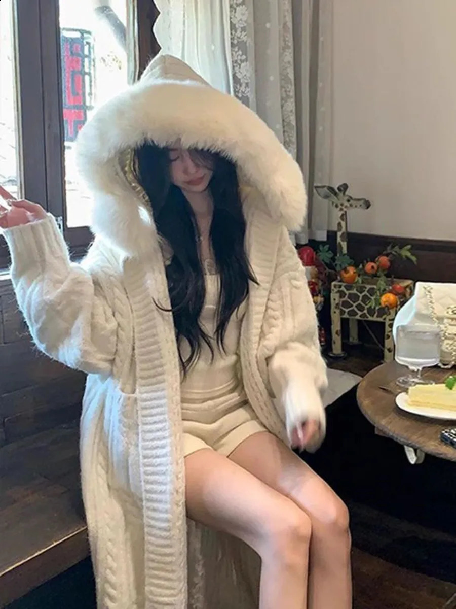 Fur Hooded Sweater Jacket Women Autumn Winter Cardigan Thickened Long Female Loose Simple Leisure Casual Knitwear 251022