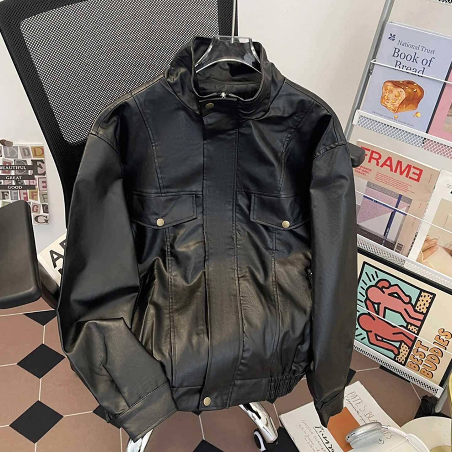 Stand Up Collar PU Leather Jacket For Men Spring Autumn Black Windproof Coat American Casual Fashion Retro Moto Biker Jackets W251023