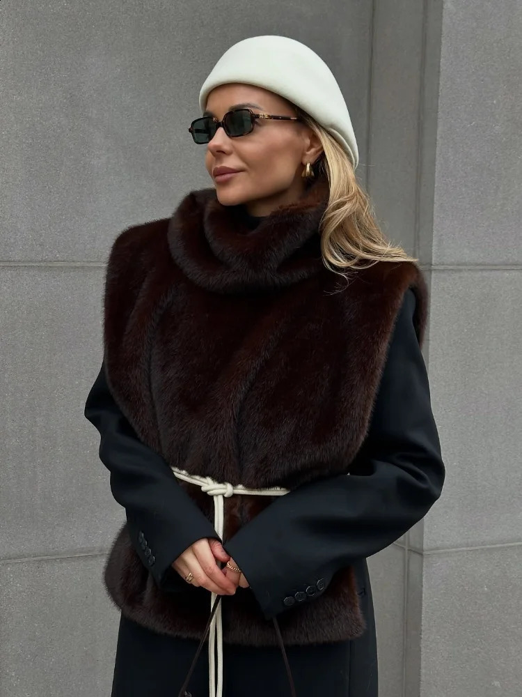 Women Solid Stand Collar Faux Fur Vest Chic High Sleeveless Loose Short Waistcoat Casual Lady Daily Street Vests 251021