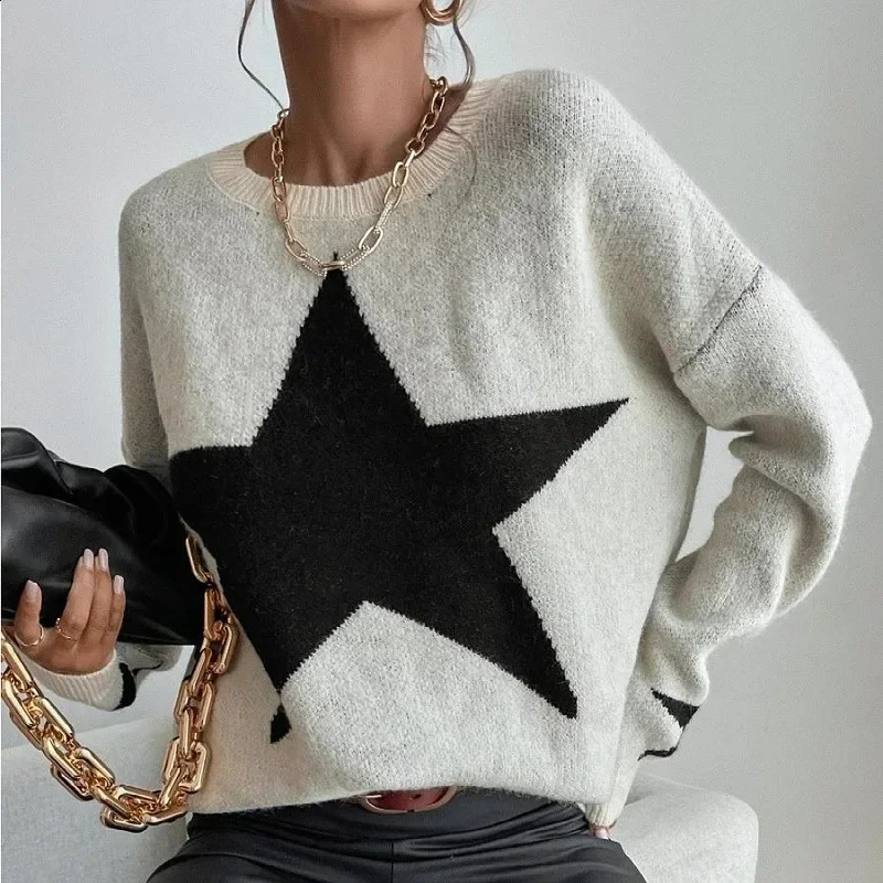 Star Sweater Pullover Women Autumn Spring Simple Knit Elastic Pullovers Jumper Casual Thick Warm Black White Basic Jumpers 251023